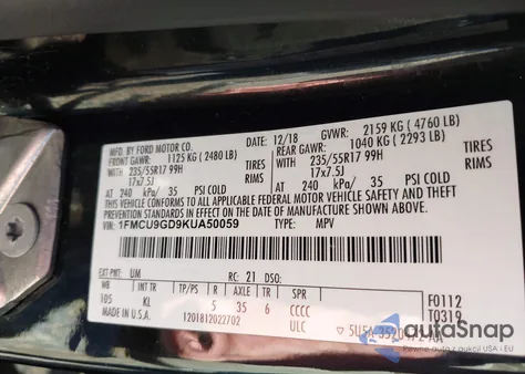 2019 Ford Escape Se z USA, uszkodzony, nr VIN 1FMCU9GD9KUA50059